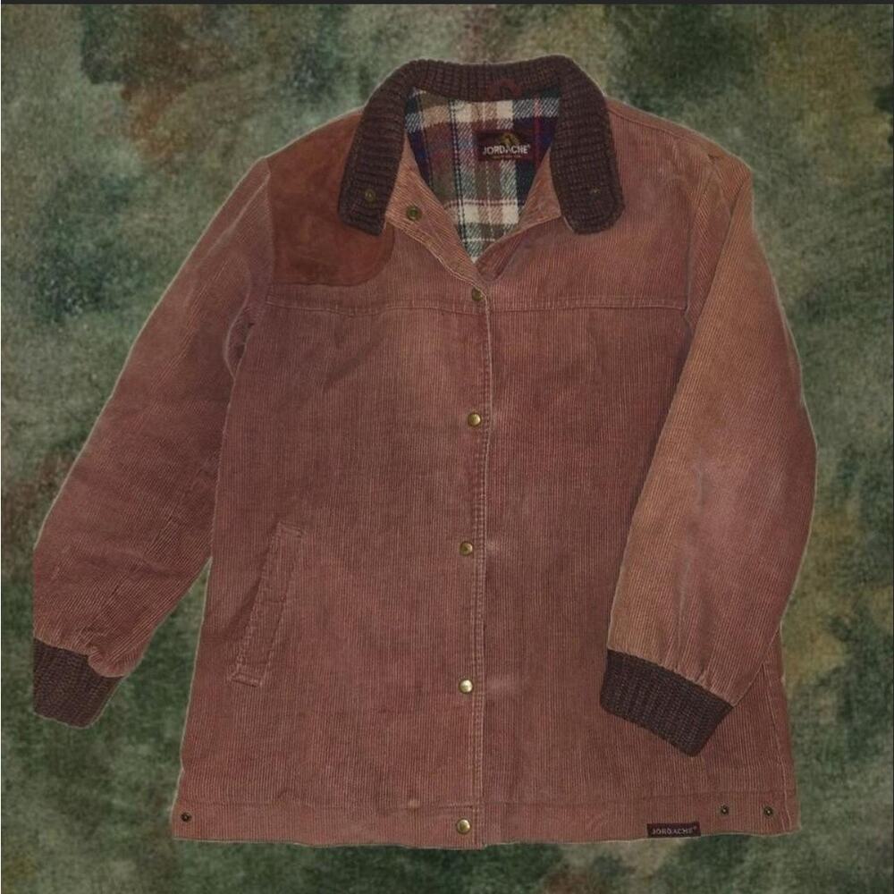 Jordache Vintage Whiskey Brown Cordoroy Chore Coat Blanket Plaid Lining Sz 9/10